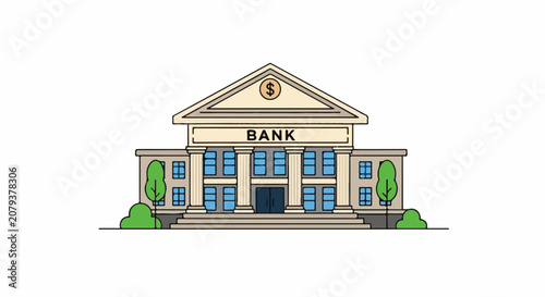 Stylized illustration of a bank building with columns windows doors and greenery