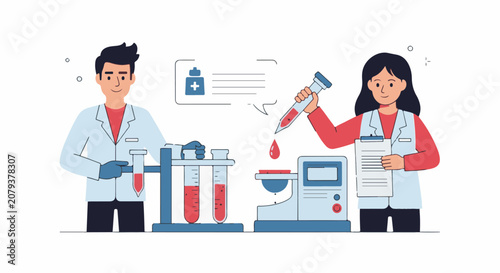 Scientists conducting experiments with beakers pipettes and equipment