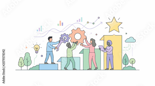 Teamwork drives success visualized through collaboration with gears charts and a star of achievement