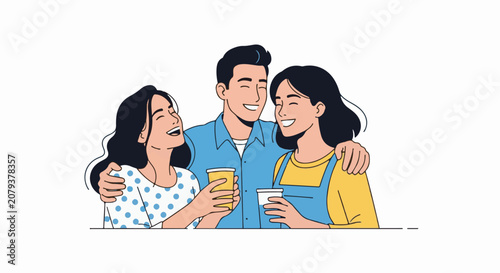 Three friends happily embracing with drinks enjoying a moment together