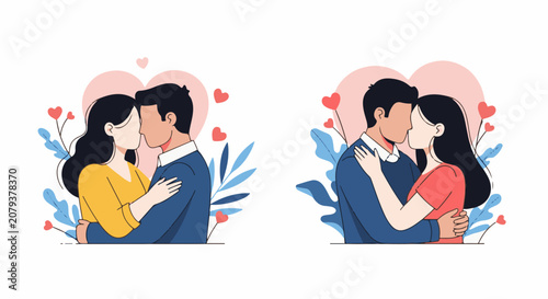 Two pairs of embracing couples share tender kisses surrounded by hearts and foliage