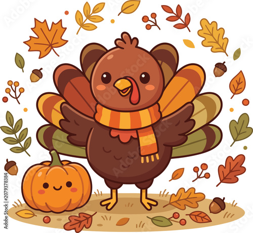 Cute Friendly Cartoon Turkey Character with Smiling Pumpkin for Autumn Season and Thanksgiving Celebration