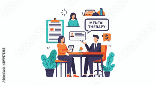 Two people in a session one holding a tablet discussing therapy with financial elements