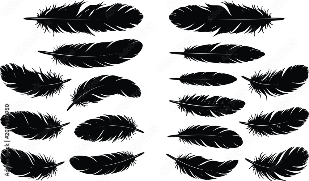 Fototapeta premium Black feather silhouettes set bird wing plume icons isolated on white