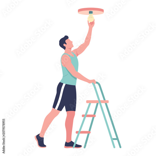 Fotografie Man changing light bulb on stepladder during home renovation with clean backgrou