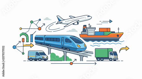 Colorful illustration of various transportation modes and logistics