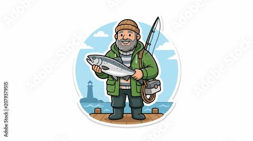 A cartoon man in a green jacket holds a large fish on a dock