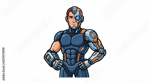 Cyborg superhero in blue armor.