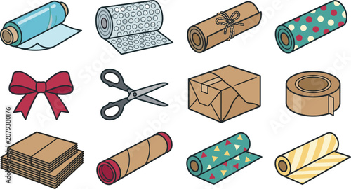 Obraz na plátně Packaging and gift wrapping flat line icon set vector illustration featuring plastic film bubble wrap shipping box tape ribbon scissors and cardboard tubes