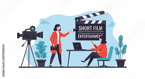 Filmmaking professionals collaborate discussing ideas around a clapperboard and camera