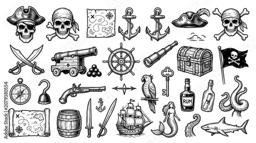 Tableau sur toile Pirate Hand Drawn Vector Bundle with Treasure Skull and Nautical Adventure Icons