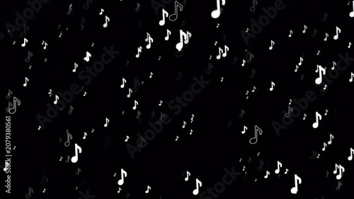 White music note icons float across a black background, forming a looping music particle animation with alpha channel for creative video overlays.