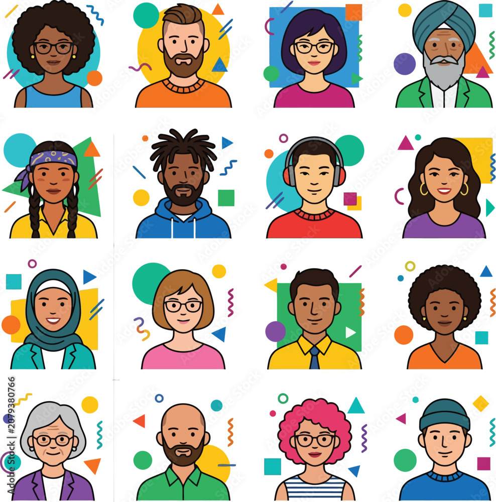 Fototapeta premium Collection of diverse avatars showing variety of people in flat cartoon character design.