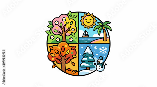 A colorful illustration of four seasons in a circle