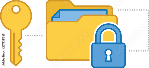 Essential digital security concept featuring a golden access key, a protected data folder, and a strong padlock symbol, illustrating robust file encryption and privacy measures