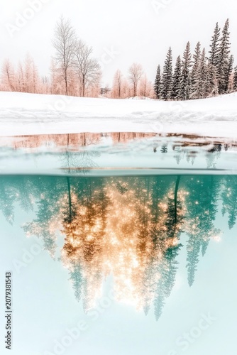 Snowy trees reflect on calm lake water surface in winter landscape scene