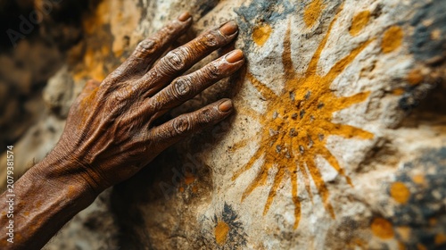 Ancient hand touches rock art sun symbol in cave wall closely.