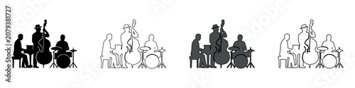 Photography Jazz trio performing live music with piano, upright bass, and drums