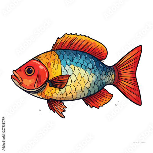 Colorful hand drawn illustration of a tropical fish with vibrant scales.