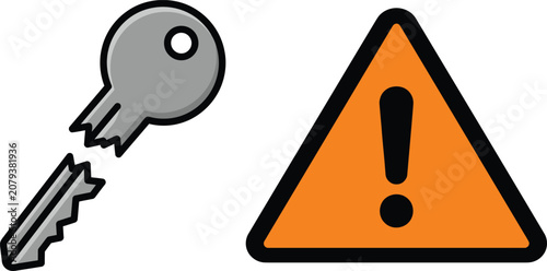 Cartoon illustration of a broken key next to a warning sign, symbolizing critical security issues, restricted access, or system failure with an urgent alert
