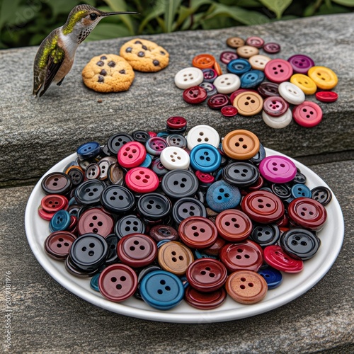 A hummingbird perches on a stone near colorful buttons and cookies.