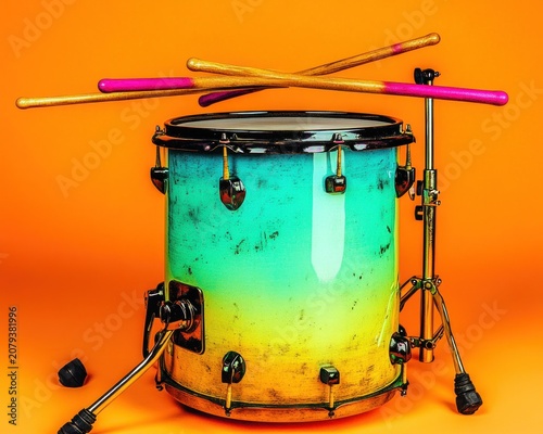 A colorful drum with two drumsticks on top sits on a vibrant orange background.