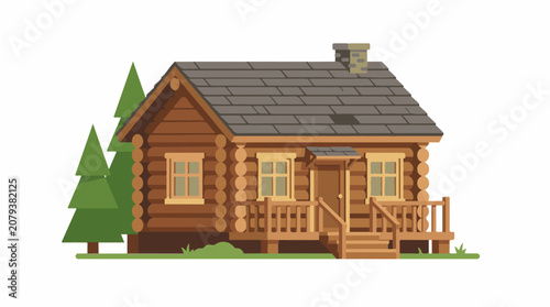 Rustic wooden log cabin with porch windows and chimney set against trees