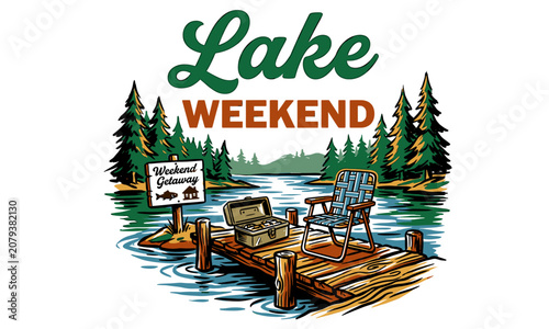 Retro summer lakeside scene with wooden dock, chair and fishing gear, vintage graphic illustration for t-shirt design and vacation branding