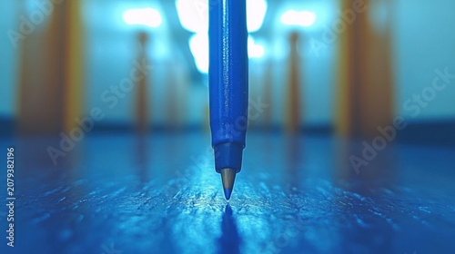 A blue pencil lies on a reflective floor in a blurred room.