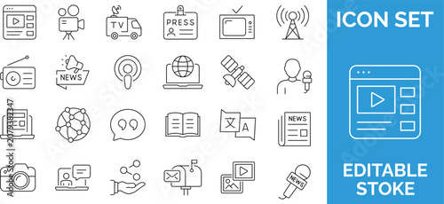 Obraz na plátně Mass media and communication line icon set featuring broadcasting and news symbols