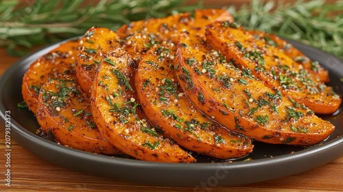 Herb roasted sweet potatoes on a plate with rosemary on wood