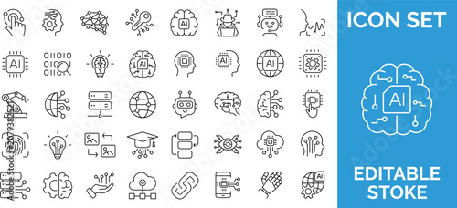 фотографія Artificial intelligence and machine learning thin line icon set.