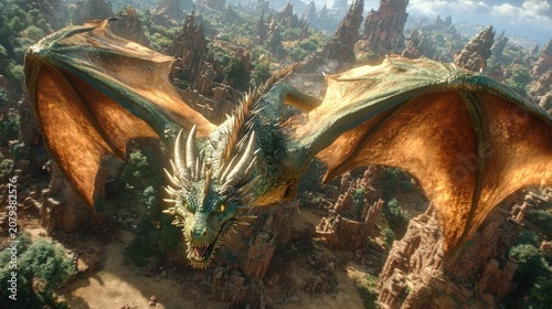 A large green dragon with orange wings flies over a rocky landscape