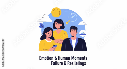 Three individuals with somber expressions abstract symbols of time and clouds