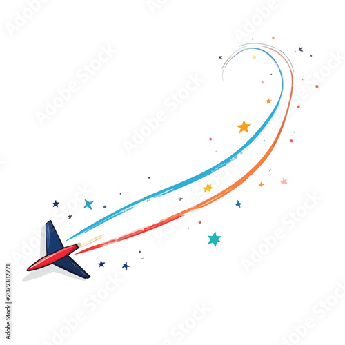 Colorful hand drawn airplane flying with stars and light trails.