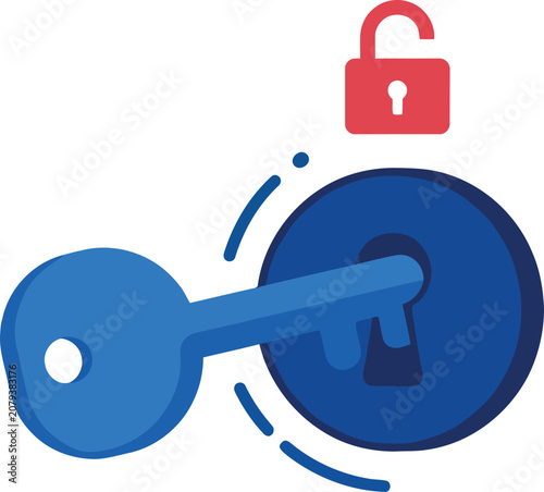 Flat vector illustration of a blue key unlocking a secure lock with a red open padlock icon symbolizing access and security