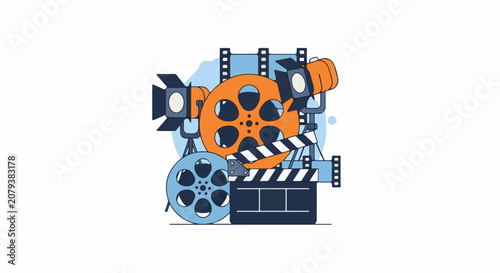 Vintage movie making equipment with film reels lights and clapperboard