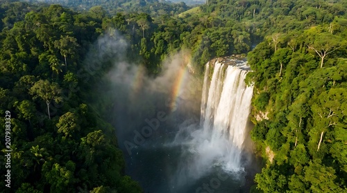  The scene features a powerful waterfall cascading through dense, lush green tropical jungle foliage.