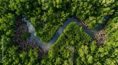 A lush, tropical mangrove forest viewed from above.