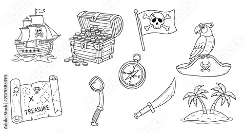 Quadro su tela Pirate Ship Treasure Chest And Related Items Silhouette