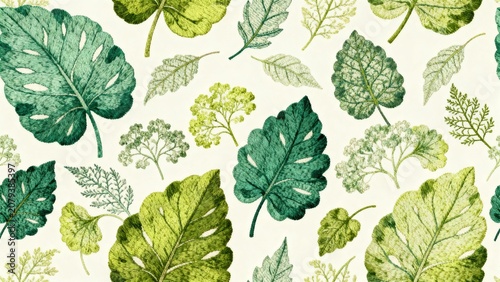Beautiful green tropical leaves embroidery pattern on white fabric backdrop, elegant detailed monstera foliage needlework seamless texture.