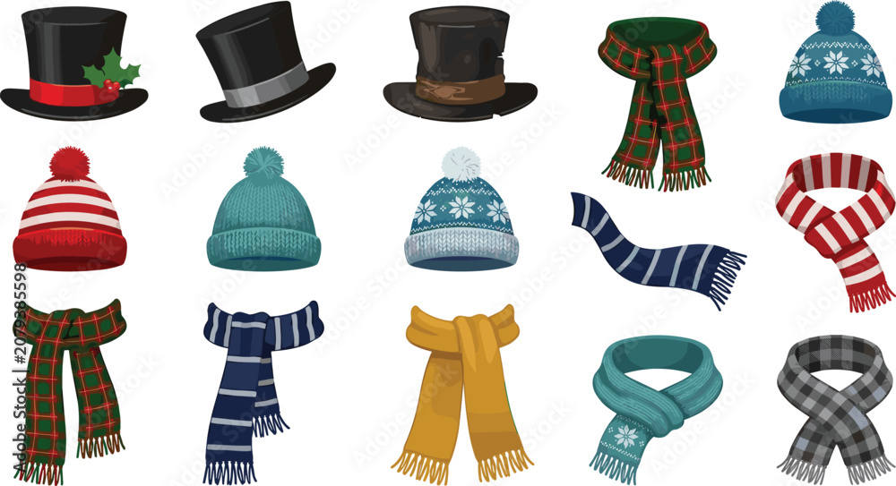 Fototapeta premium Winter clothing accessory vector illustration set featuring vintage black top hats checkered wool scarves knitted beanie caps with pompom and winter holiday decorations.