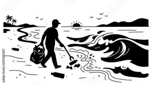A silhouette of a person cleaning up plastic waste from a beach.