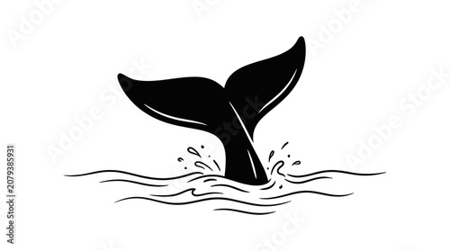 Black and white hand drawn illustration of a whale tail splashing in the ocean water.