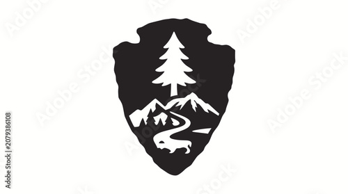 Tableau sur toile Black and white arrowhead emblem featuring a mountain landscape with a pine tree and bison silhouette