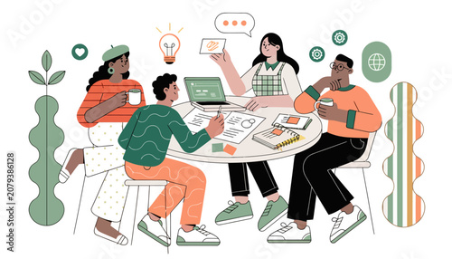 Diverse team collaboration, people brainstorming, meeting icons, teamwork graphics, business vector illustrations