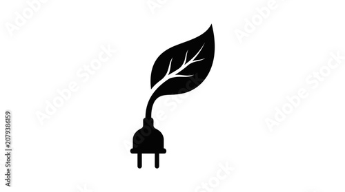 Black silhouette icon of a power plug merging into a green leaf.