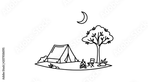 Fotografie Hand drawn doodle illustration of a camping scene with a tent and bonfire under the crescent moon