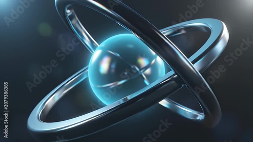 Futuristic glowing blue sphere with metallic rings, 3D abstract digital rendering of atomic structure or energy core