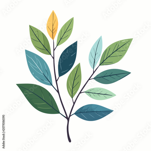 Stylized botanical illustration of a leafy plant branch with diverse colored leaves.